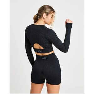 AYBL Speckle Print Seamless Long Sleeve Crop Top Thumbholes Women's Medium Black